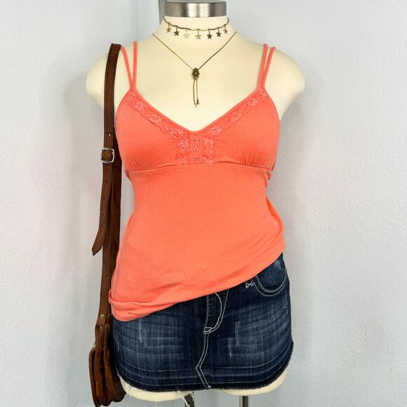00s Lace Faux Henley Style Button Cami Top Coral Size XL - Picture 1 of 5